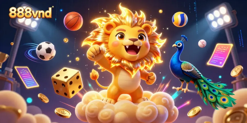 Experience the thrill of 888vnd with a vibrant 3D casino illustration featuring lively characters and dynamic elements.
