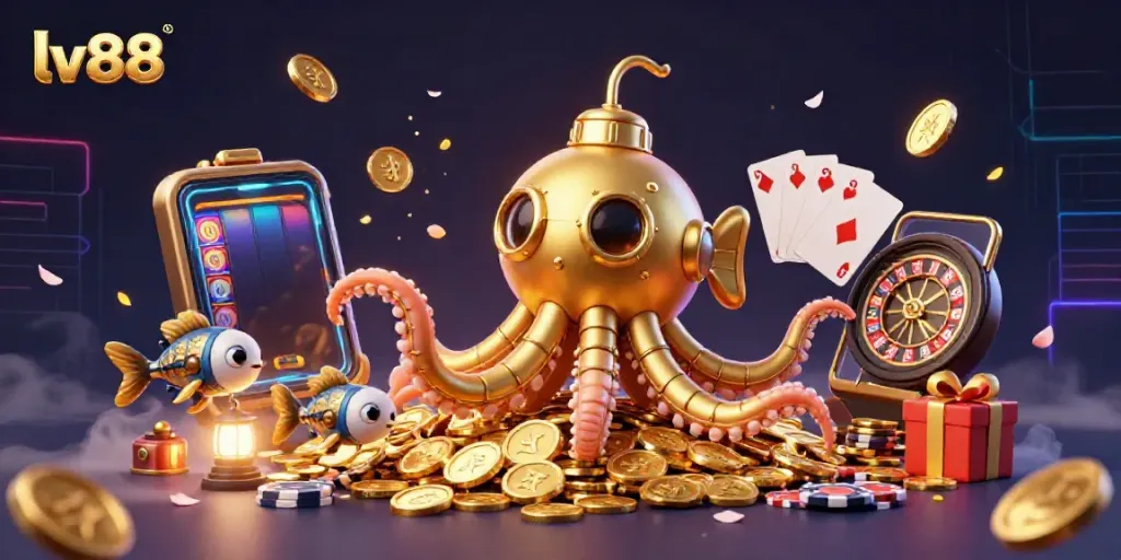Experience thrilling games with lv88 in this dynamic 3D casino scene filled with vibrant slot action.