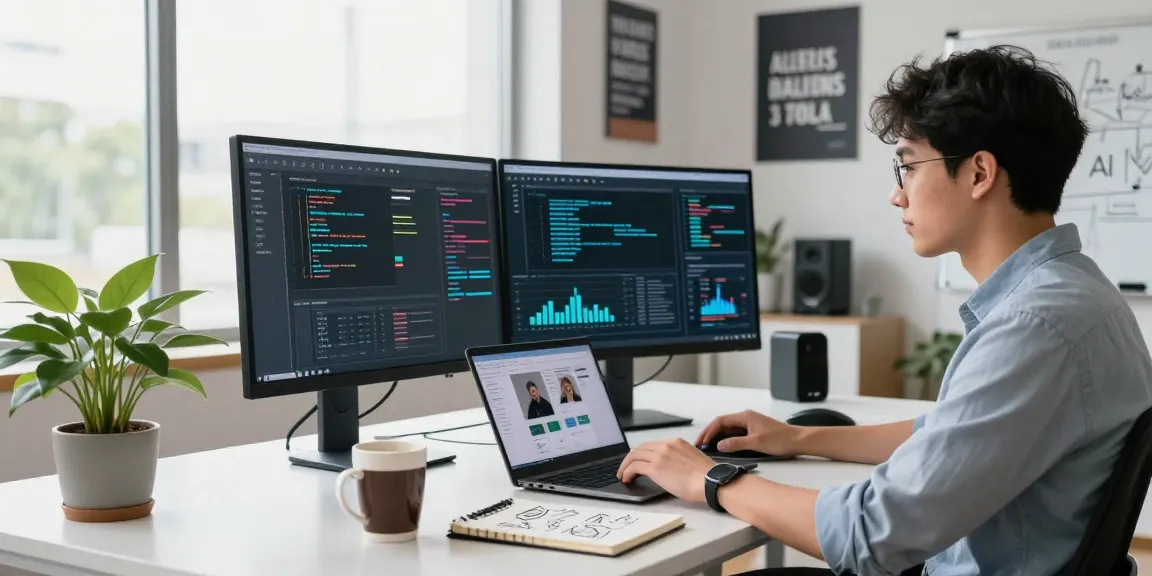 Young professional working with 18+ ai technology in a modern office setting.