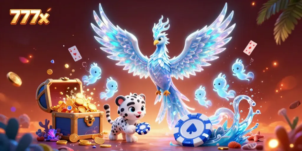 Experience the excitement of winning at 777x's immersive casino with vibrant characters and game elements.