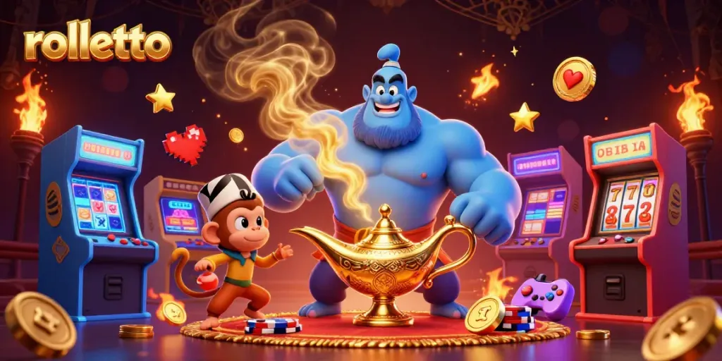Experience the magic of rolletto with a dazzling genie and casino elements in this vibrant illustration.