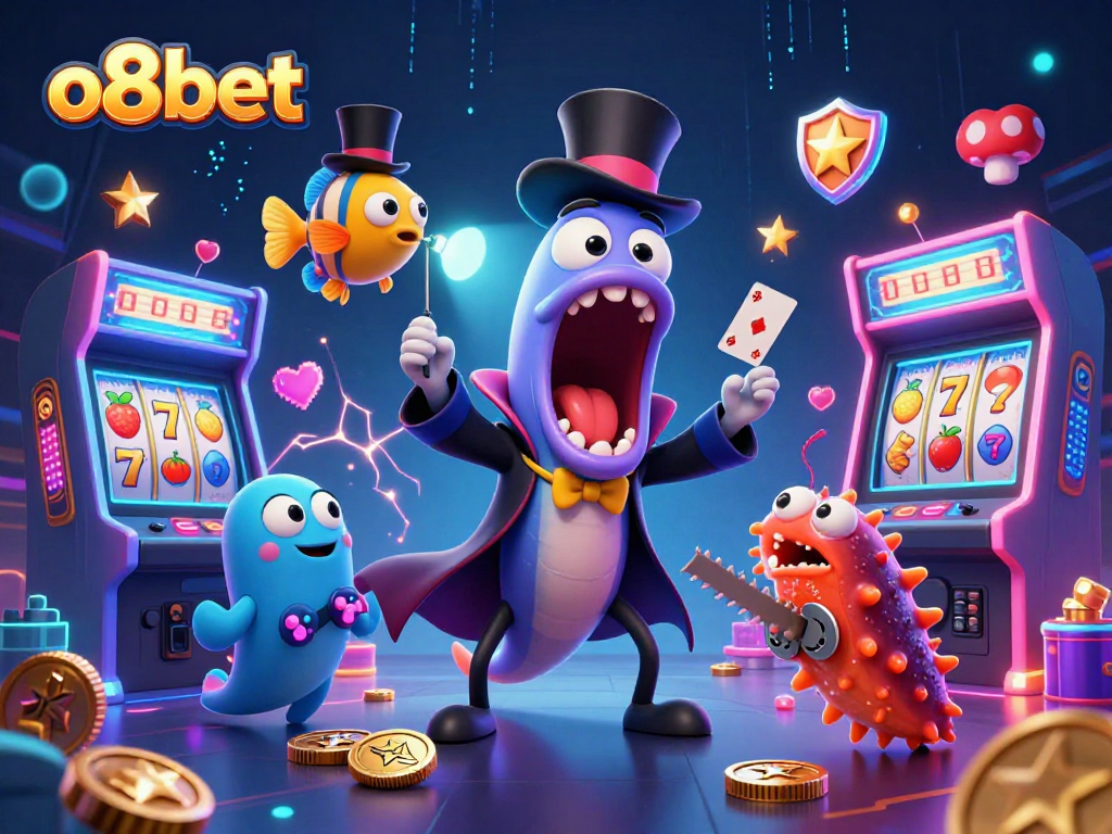 Experience the exciting magic of o8bet with vibrant gambling characters and slot elements in a 3D cartoon illustration.