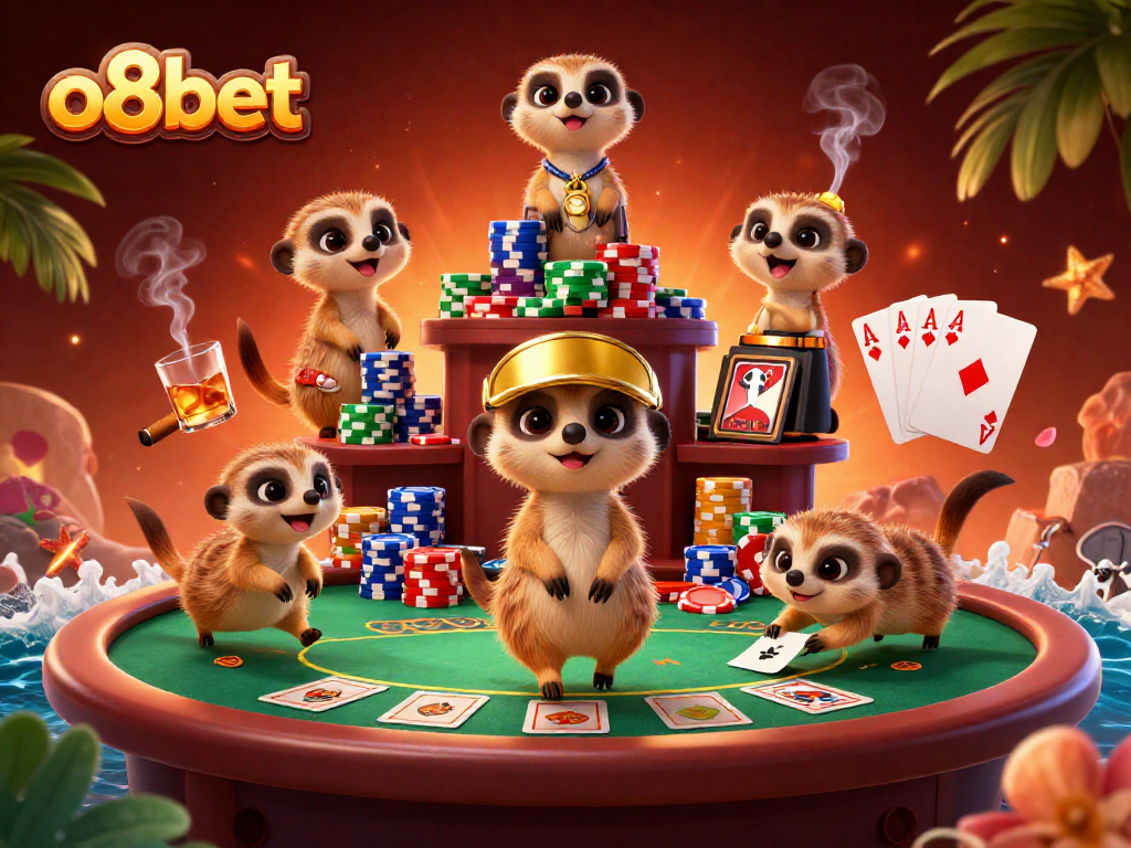 Engaging scene at o8bet casino with a meerkat colony managing chips and poker tables.