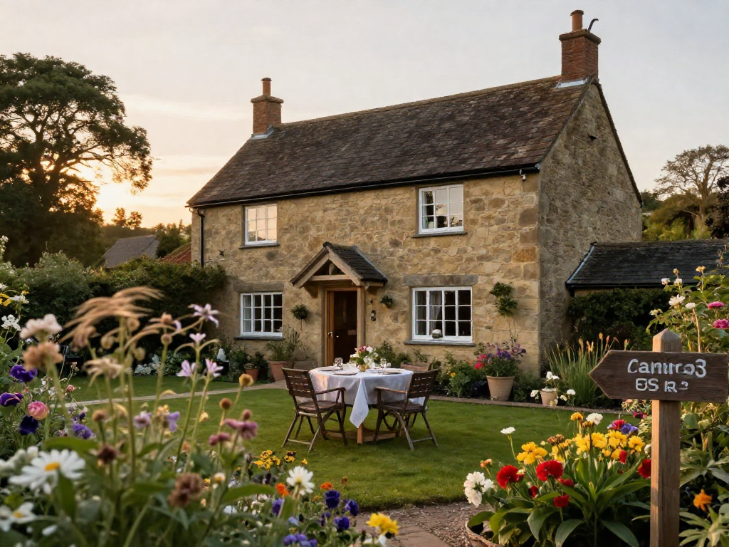 Holiday let management in a charming UK countryside cottage, inviting outdoor dining setup welcoming guests.