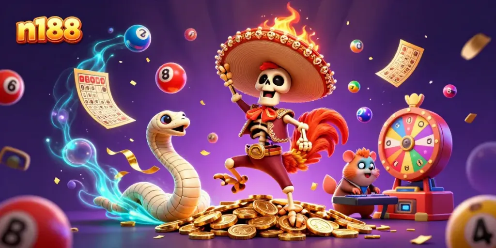 Experience the thrill of n188 casino with dynamic 3D characters celebrating on a jackpot pile.