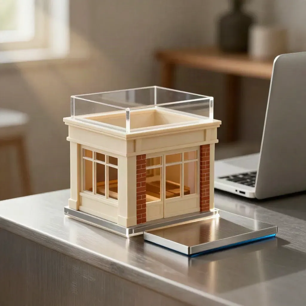Macro of acrylic website layout panels with a miniature storefront and closed laptop.