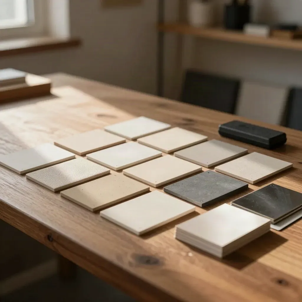 Neutral design swatches, tablet and layout tiles on a warm studio workbench.