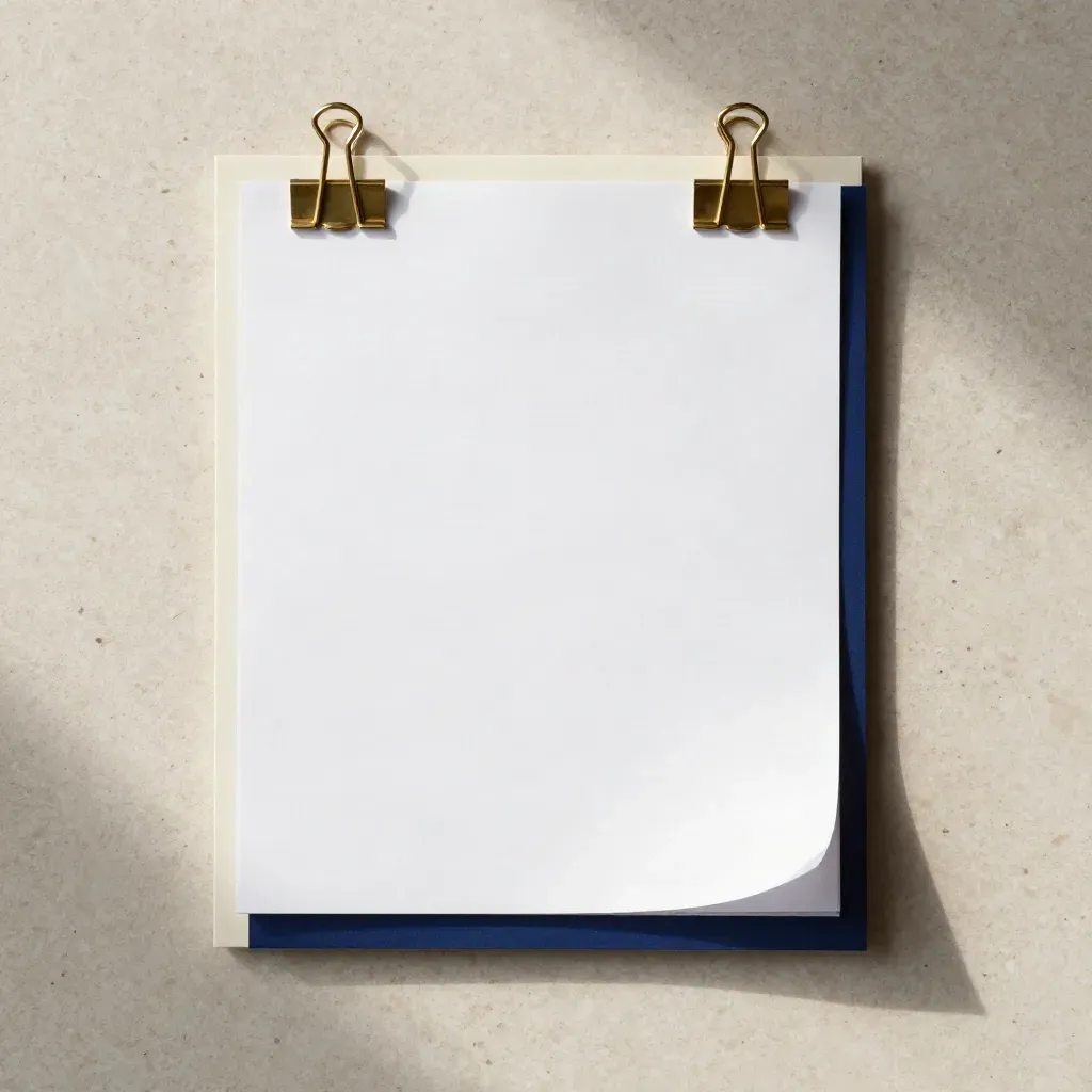 White landing-page slab with blue edge strip and brass clips on travertine, seen from above.