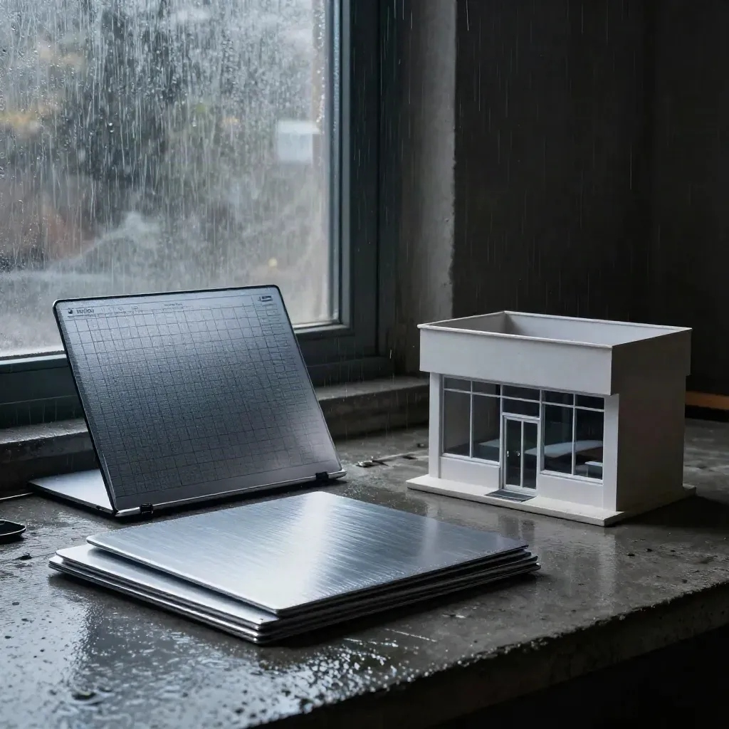 Rainy WordPress studio tableau with laptop, page maquette, metal folders and a storefront model.