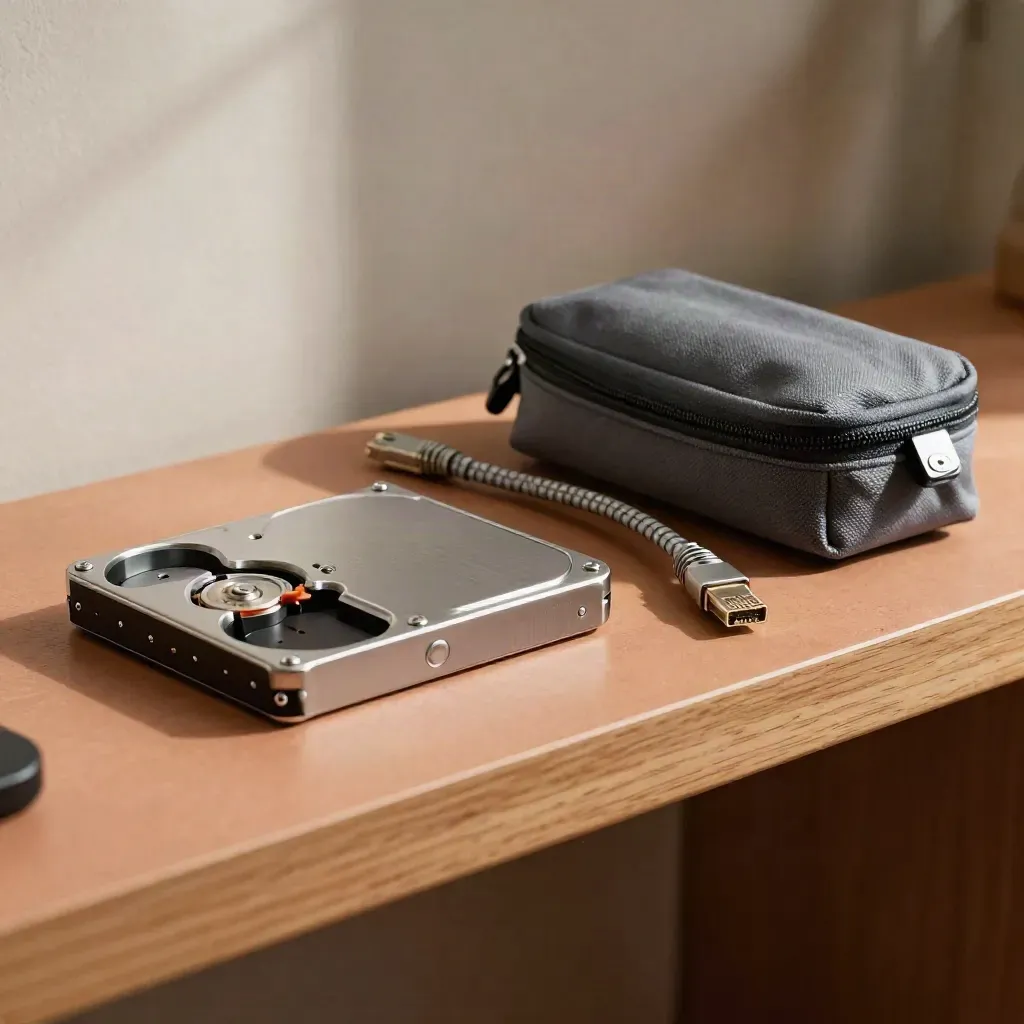 Backup drive, wrapped ethernet cable, and canvas tool pouch on a terracotta shelf.