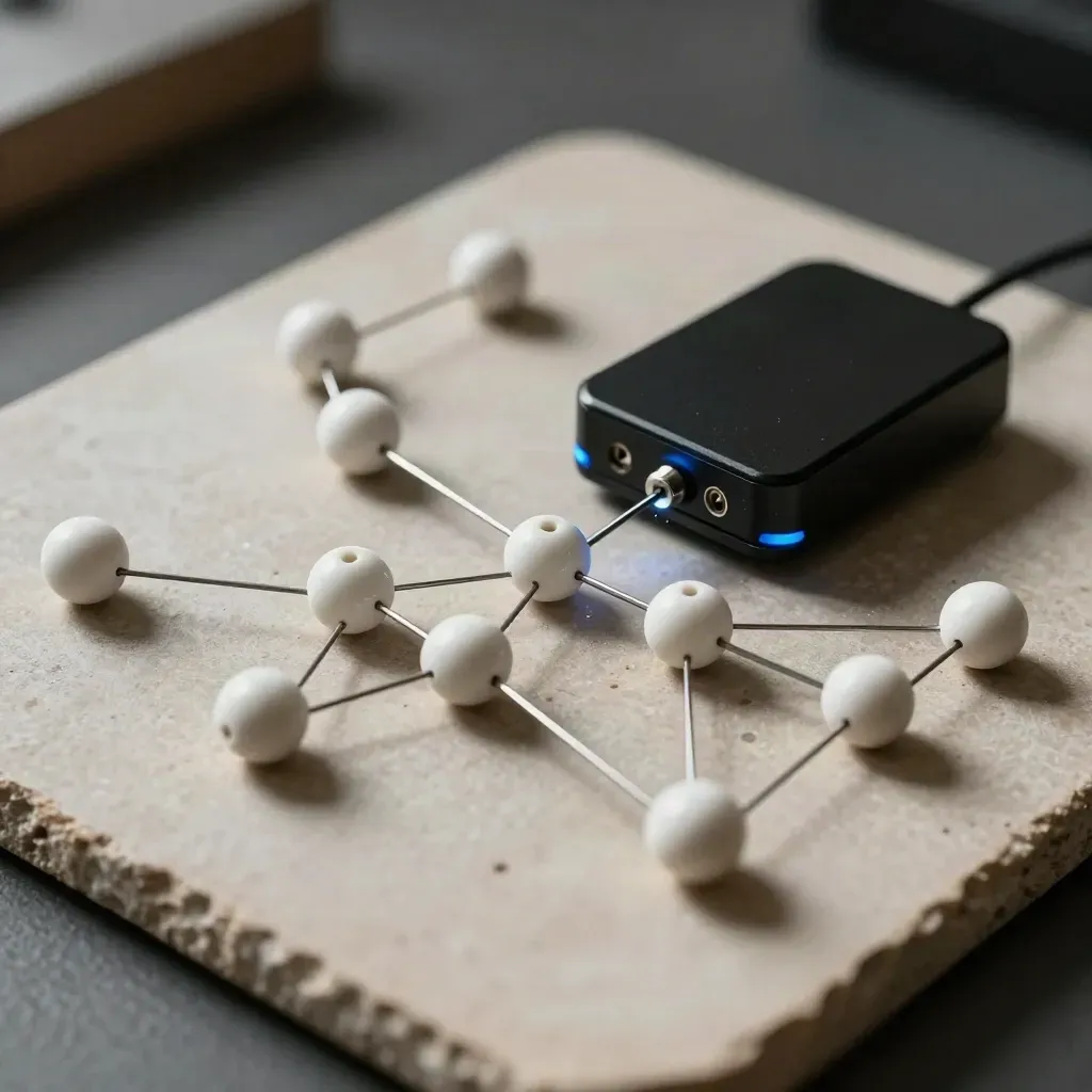 Overhead close-up of ceramic nodes, steel pins and a matte black drive on slate.
