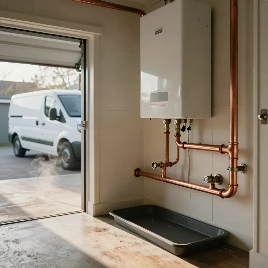 Spotless boiler cupboard with new copper pipework and a white service van visible beyond an open garage.