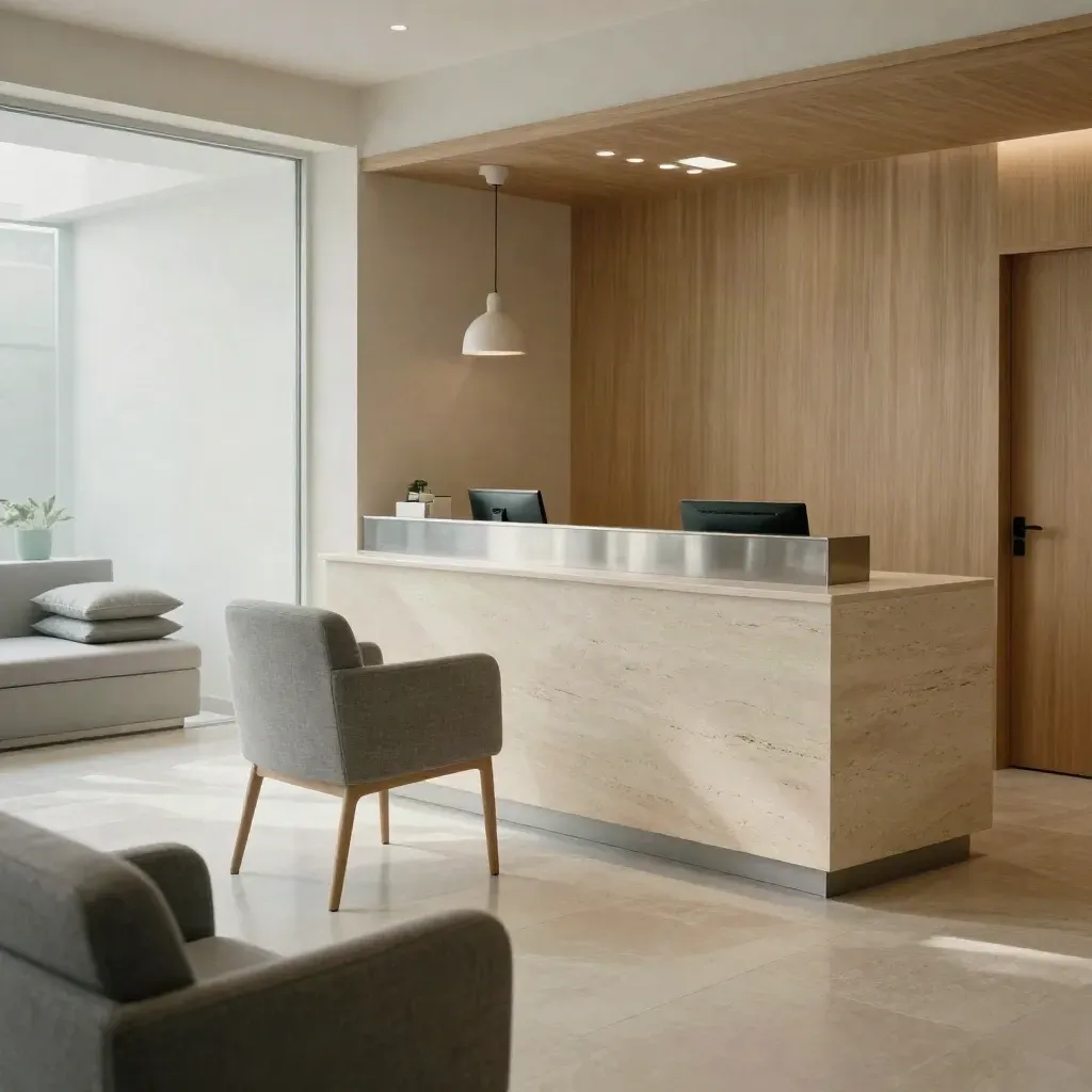 Empty clinic reception with stone counter, upholstered chairs and soft pendant light.