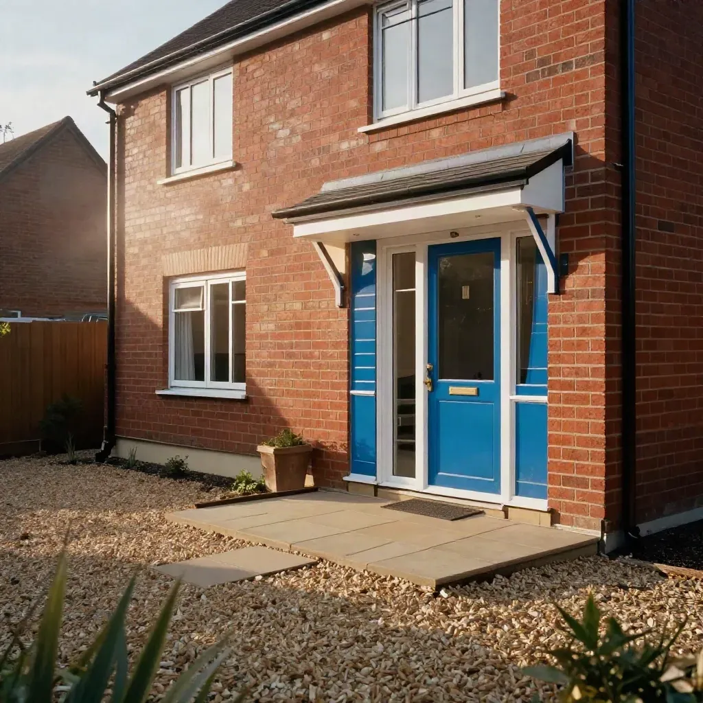 Crisp house extension with brick, render and blue-accented door path at dusk
