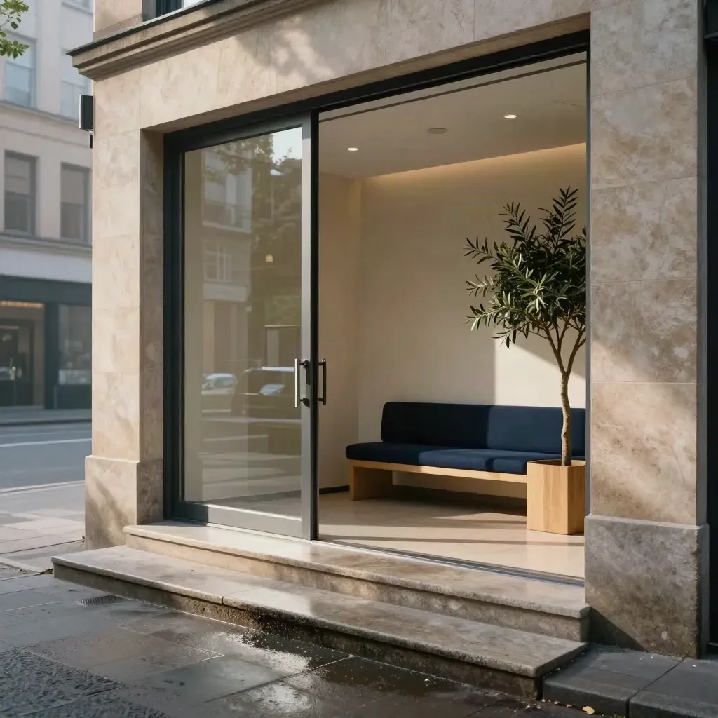 Modern office entrance with glass doors, stone steps and a navy waiting bench in soft city haze.