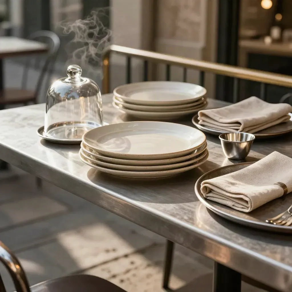 Close-up of a cafe terrace laid for service with stacked plates, glass cloches and warm steam.
