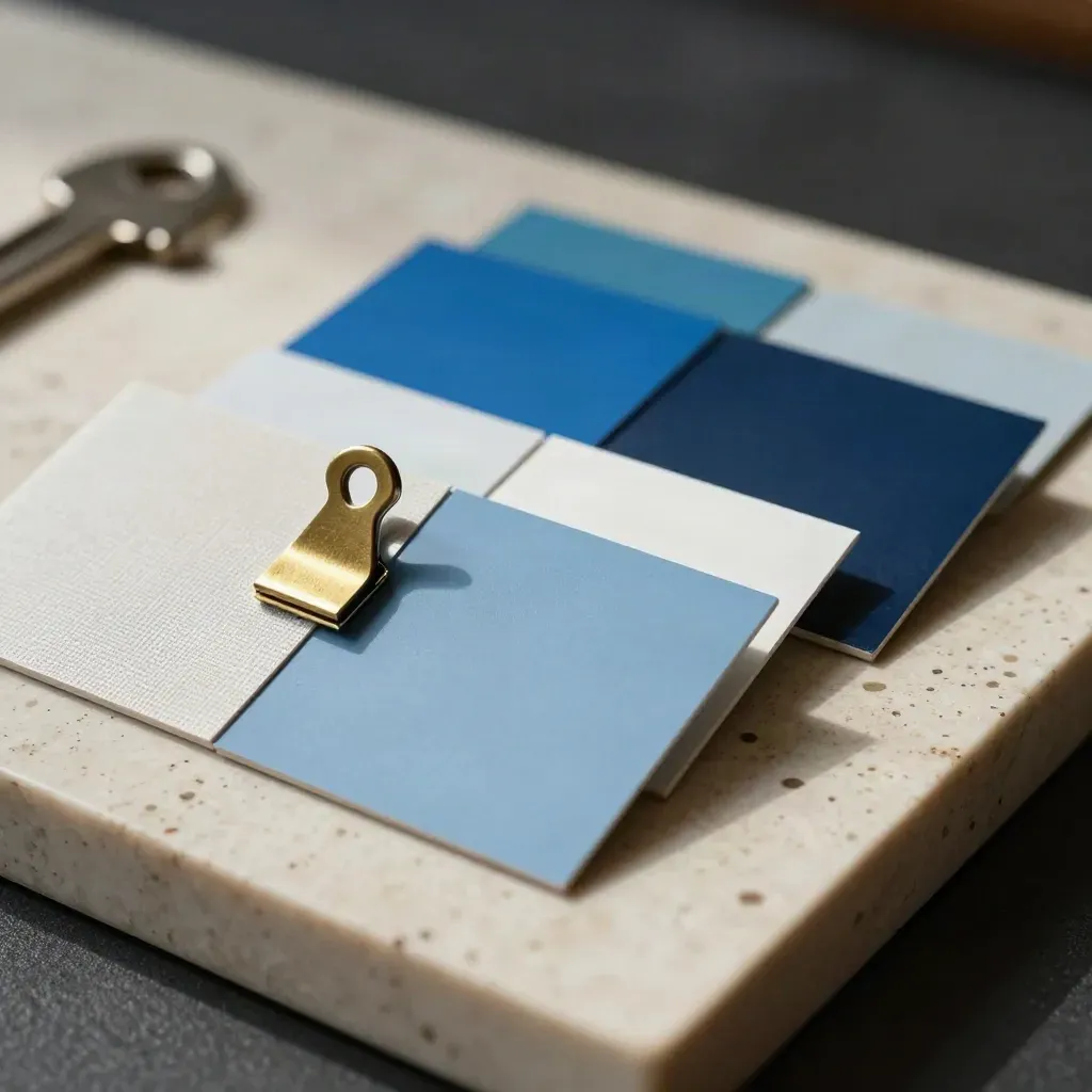 Blue web design swatches and brass clip on travertine in dramatic light