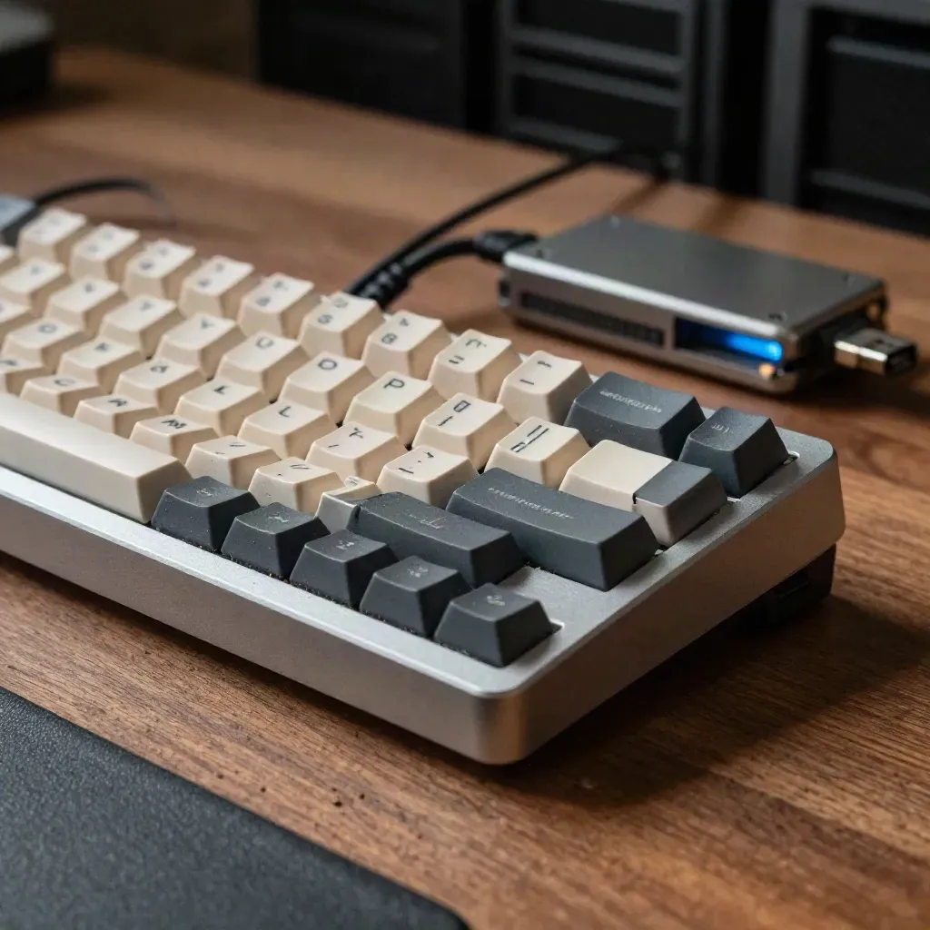 Macro view of a mechanical keyboard, braided cable and SSD enclosure on a walnut workbench with blue glow