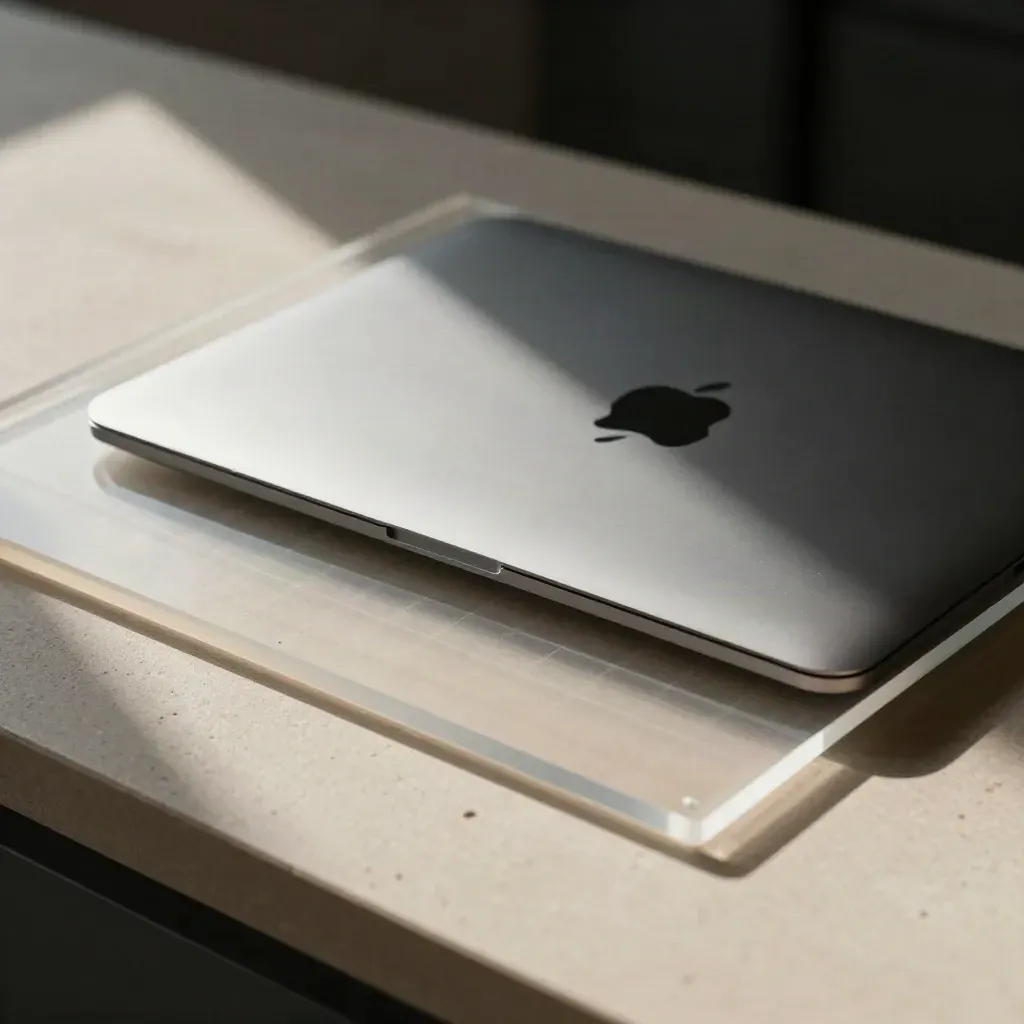 Trackpad with translucent UI overlays on pale acrylic grid under silver light