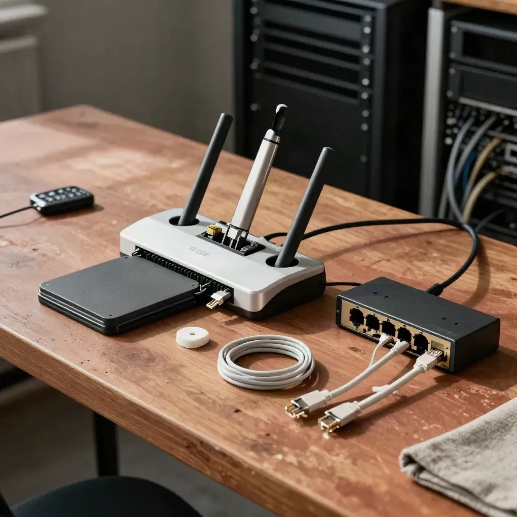 Router, backup disk and cable ties styled as a tidy support stack on a terracotta work surface.