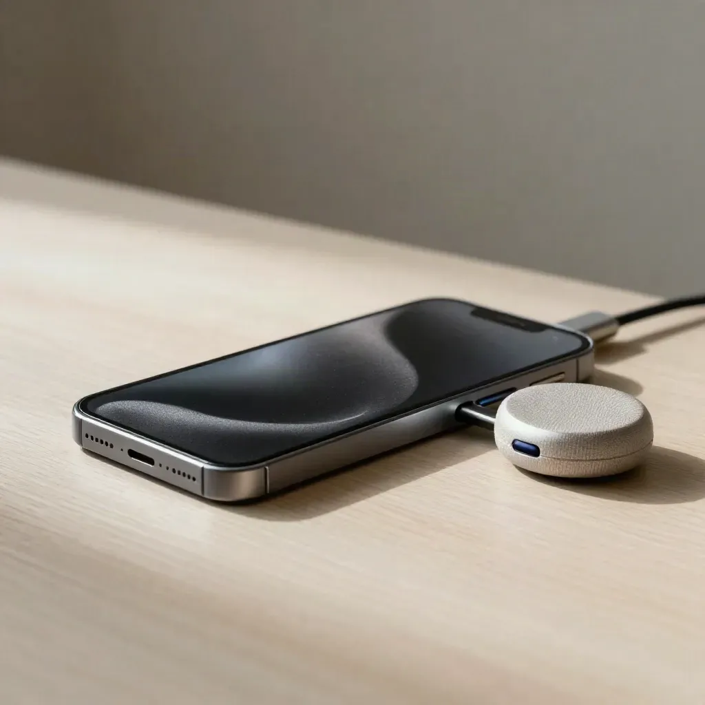 Smartphone, handset dock and blue status light on pale wood in soft side light.
