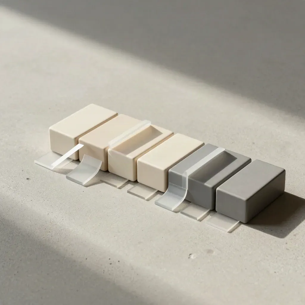Overhead ceramic page blocks and acetate tabs on pale concrete, mapped into sequence.