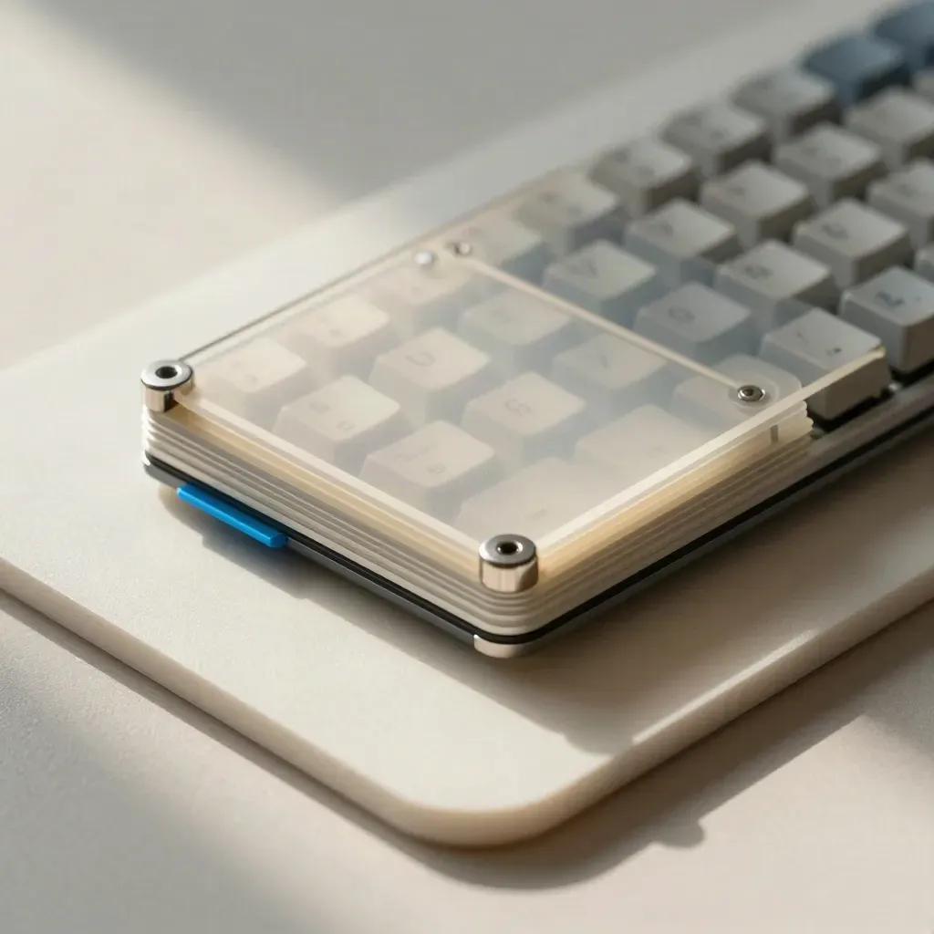 Acetate templates, corner clips and a keyboard edge on plaster, lit softly from the upper left.