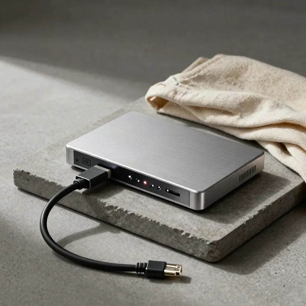 Network hub, backup SSD and coiled ethernet lead on a stone tray with soft LED glow