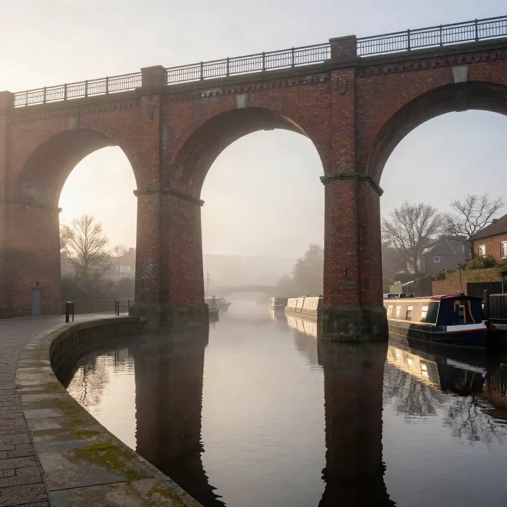 Misty dawn over Manchester viaduct and canal basin with quiet water and brick arches.