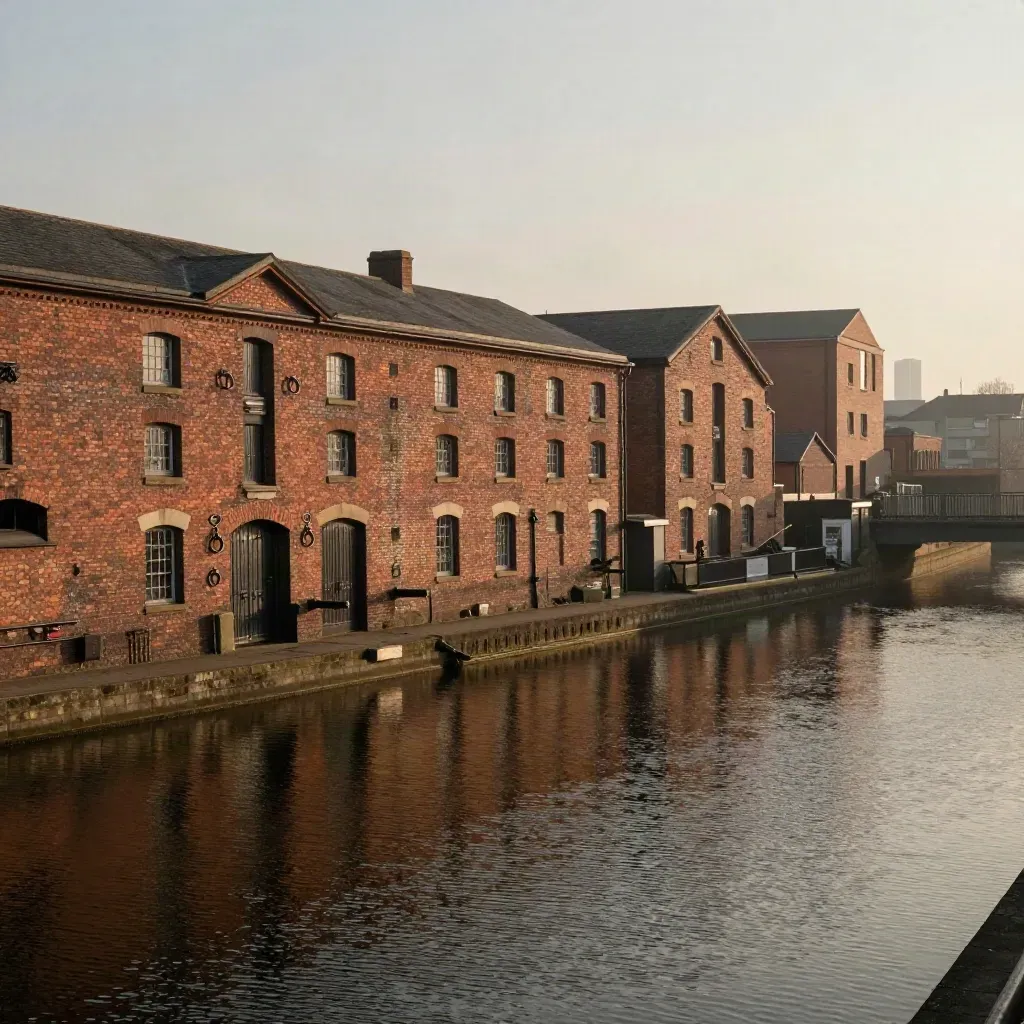 Sunlit Birmingham canal warehouses and skyline above calm hazy water at dusk