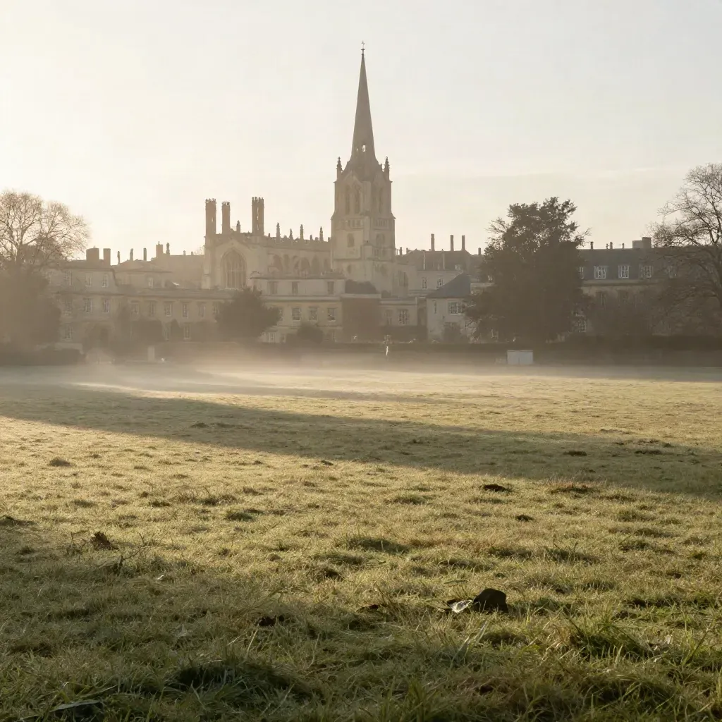 Oxford spires above a misty meadow at sunrise, with open calm foreground for copy