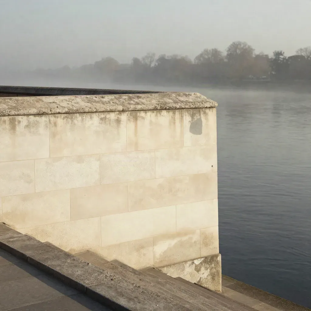 Hazy London embankment stone with distant Surrey chalk downs and calm copy space.