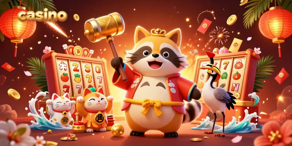 Cheerful tanuki and samurai crane celebrate in a vibrant casino scene.
