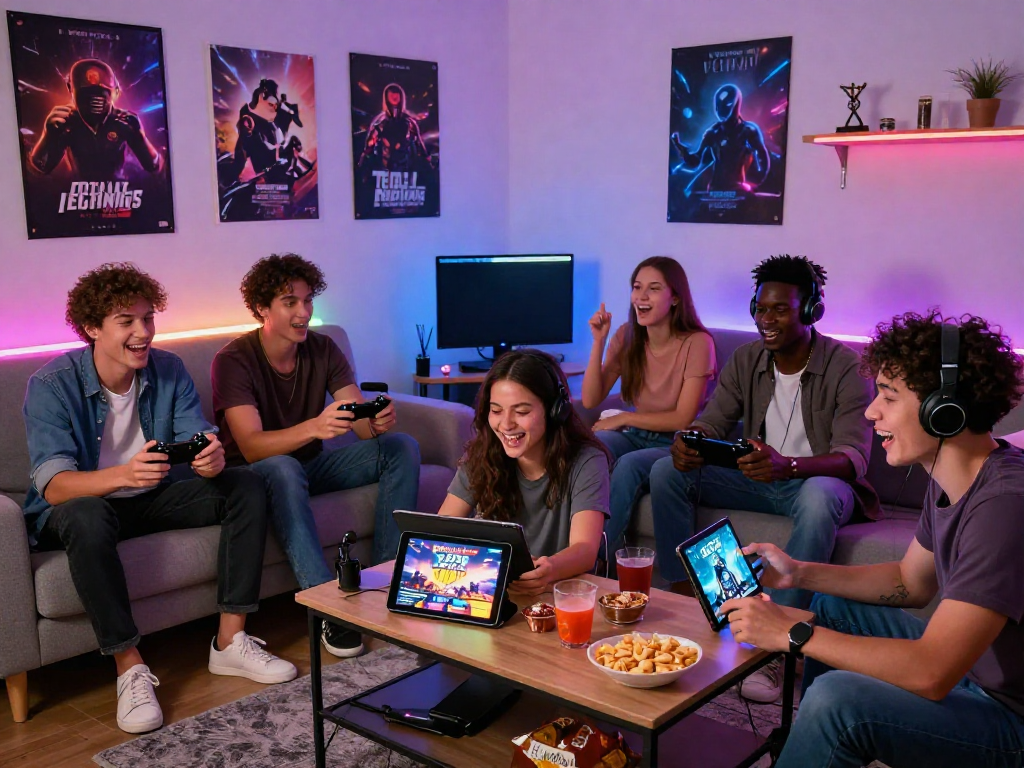 Friends enjoying porn games on multiple devices in a vibrant living room scene.