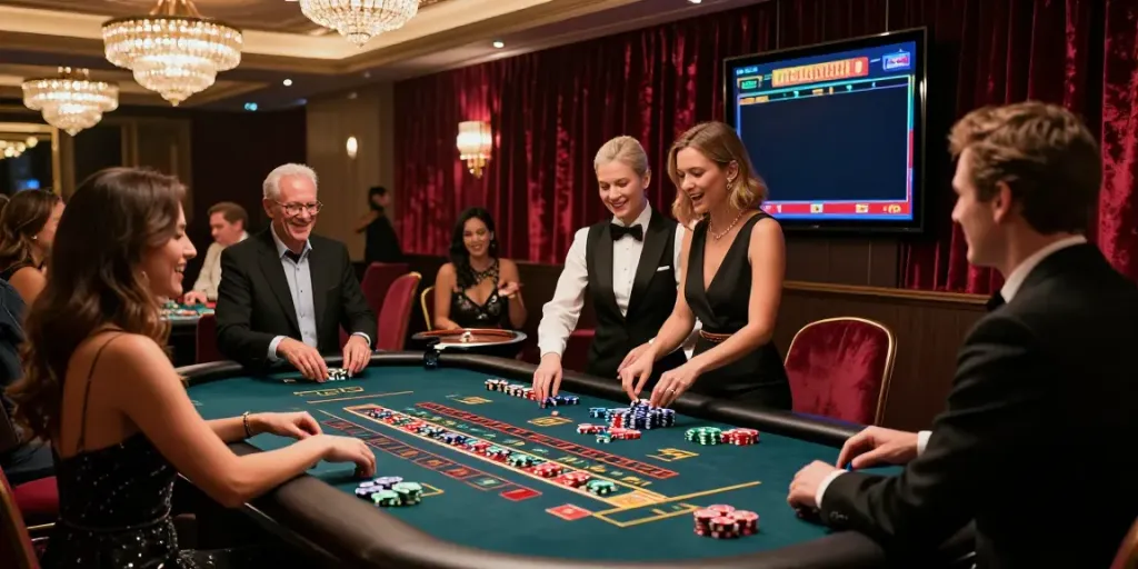 Exciting gaming atmosphere at a non GamStop casino with diverse players and roulette table.