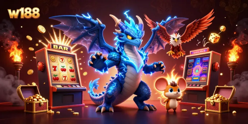 Experience thrilling wins at w188 with a dynamic casino scene featuring dragon and hawk mascots.