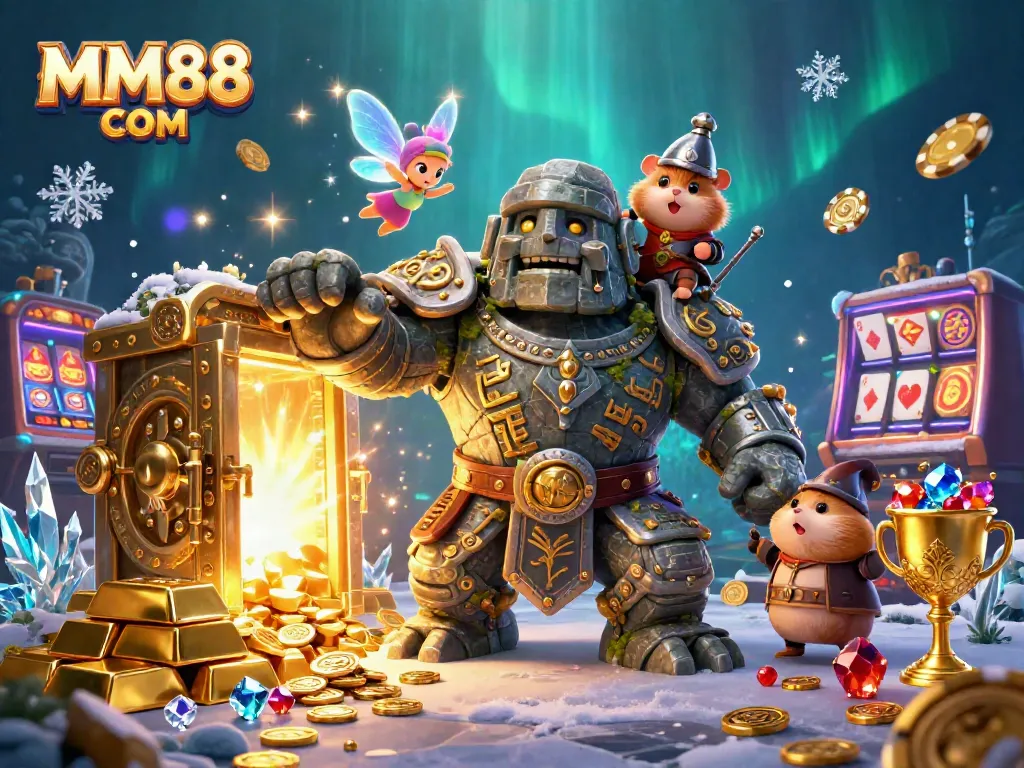 Engage with MM88 COM as the stone golem guardian and friends discover treasures in a dynamic casino scene.