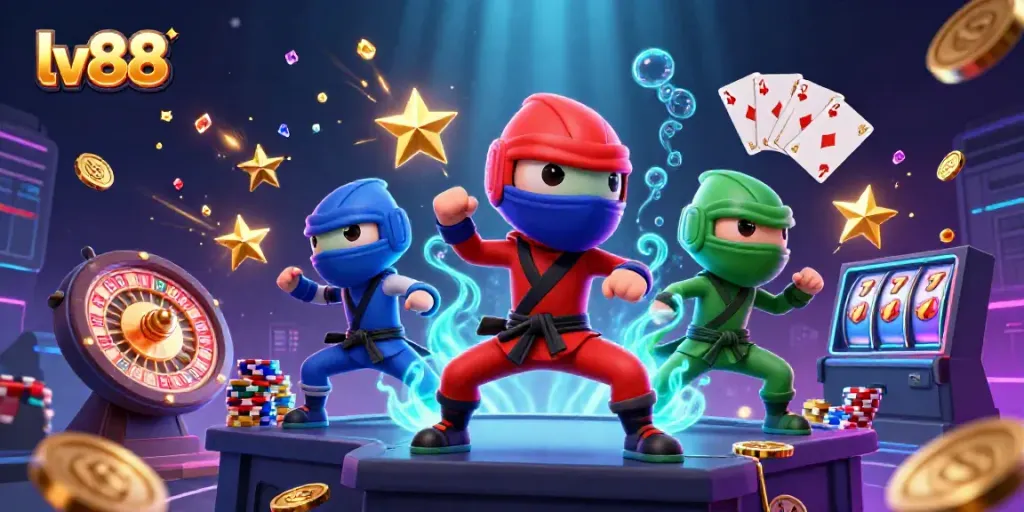 Experience the excitement of lv88 with a colorful ninja chameleon team showcasing their skills amidst casino treasures.
