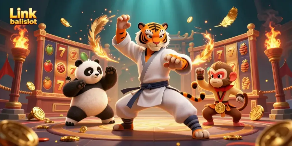 Experience thrilling action with Link balislot featuring a kung fu tiger, panda, and monkey in a vibrant casino setting.