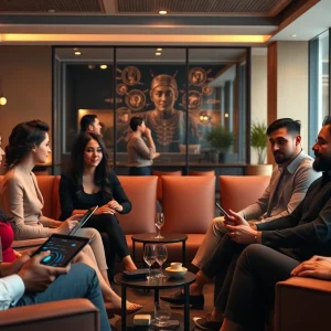 Engaging discussions on sex ai in a modern lounge with diverse individuals.