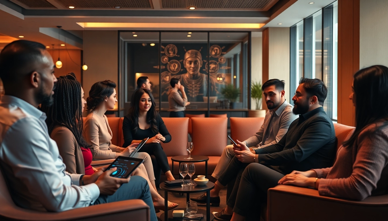 Engaging discussions on sex ai in a modern lounge with diverse individuals.