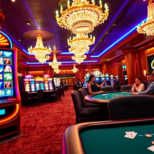 Engaging players at the Slot777 machine in a vibrant casino setting with thrilling excitement.