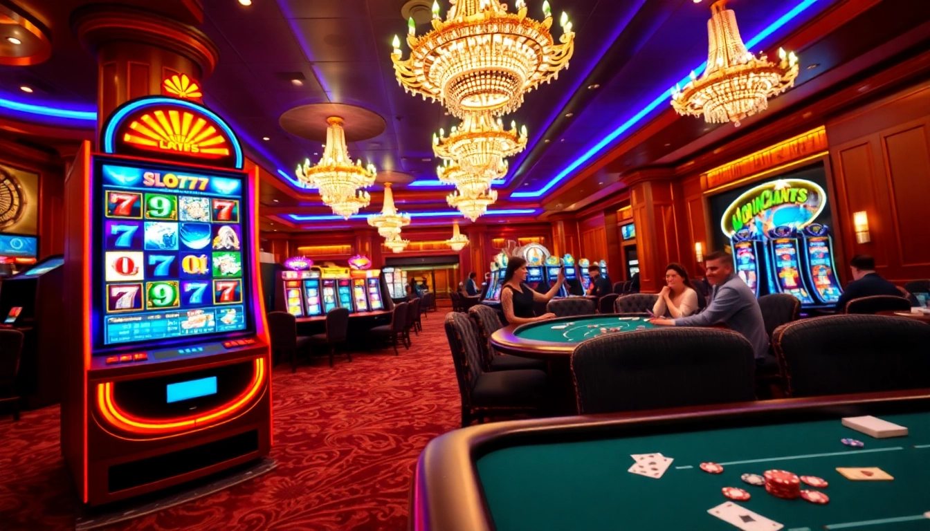 Engaging players at the Slot777 machine in a vibrant casino setting with thrilling excitement.