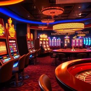 Players enjoying a thrilling birutoto experience at a lively casino slot machine area.