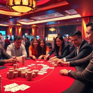 Gamblers playing poker and enjoying casino excitement at 12bet with chips and roulette.