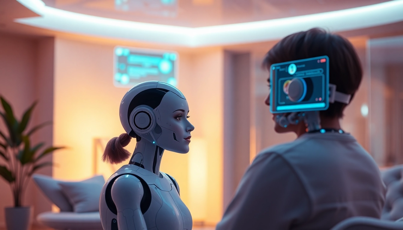 A humanoid AI engaging in conversation about sex AI in a modern, inviting environment.