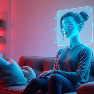 Engaging in ai sex chat with a friendly AI character in a cozy digital setting.