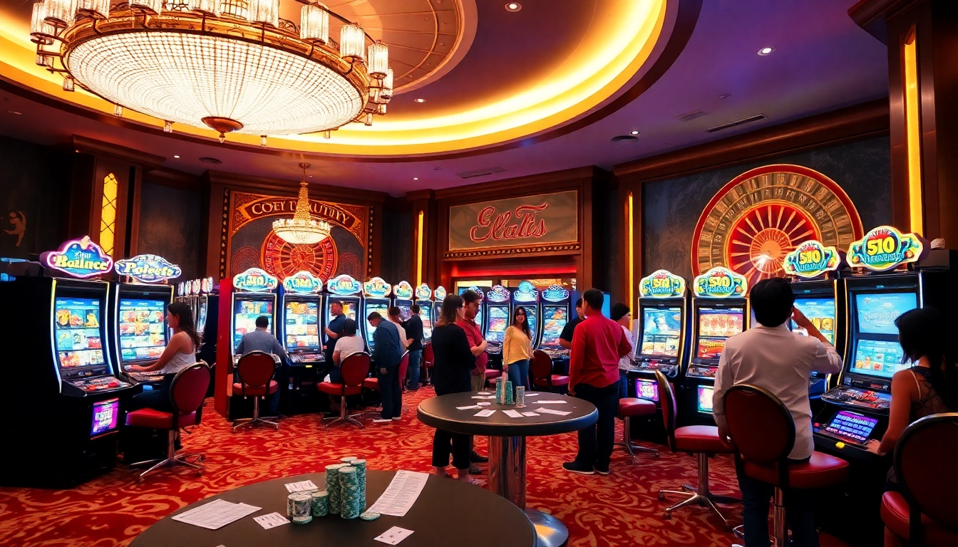 Players engaging with vibrant slot machines in a luxurious casino, emphasizing Slot Terpercaya excitement and camaraderie.