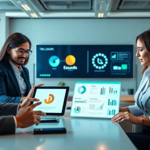 Business professionals collaborating on digital logo ik designs in a modern office.