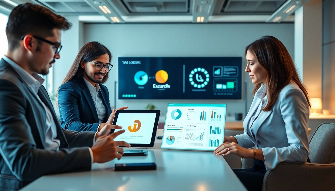 Business professionals collaborating on digital logo ik designs in a modern office.